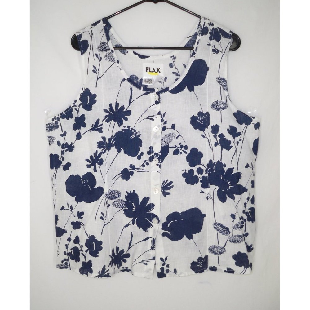 FLAX M  Sleeveless Button-up Tank Top Linen Floral